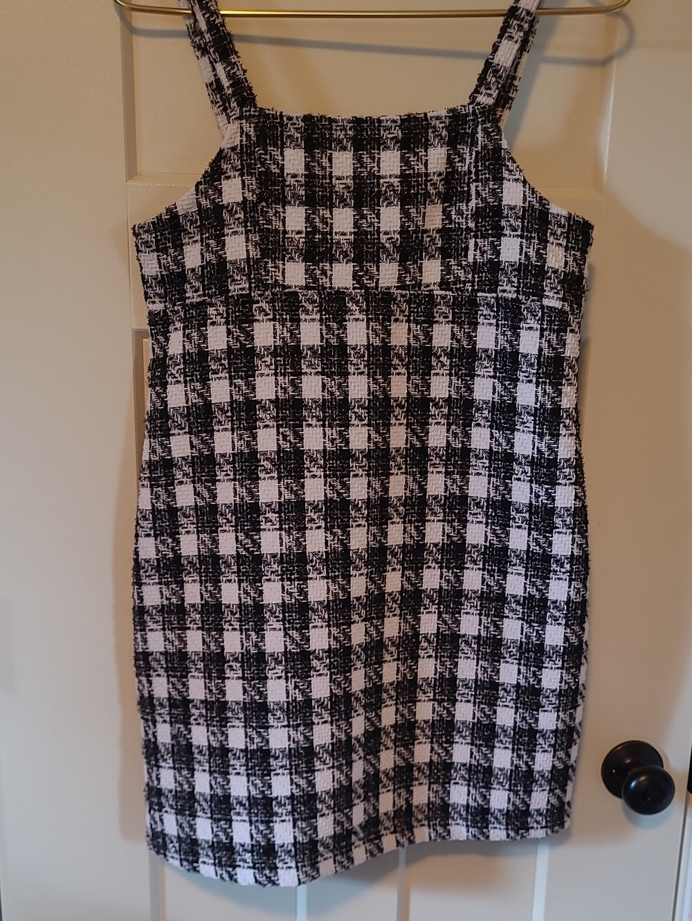 Black & White Checked Mini Dress with Square Neck
